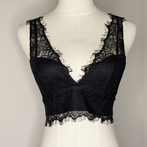 Topshop Lace bralette Fray Hem Blouse Lace Sexy Cropped Tank Top Black Size 2